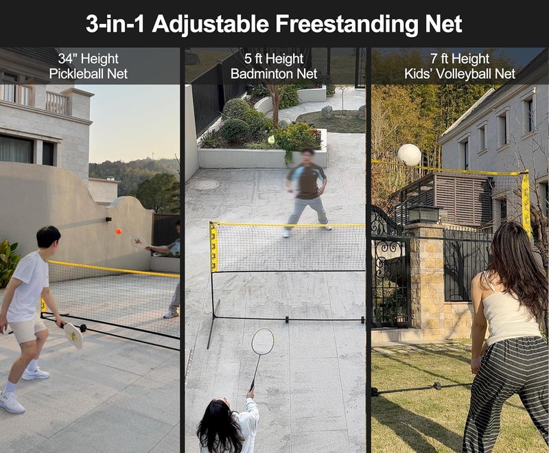 VSSAL 3-in-1 Portable Badminton, Volleyball & Pickleball Net Set for Adults, Adjustable Height 34"–10 ft for Backyards or Beach, Outdoor Sports Combo with Carry Bag, Rackets, Paddles & Balls - Image 2
